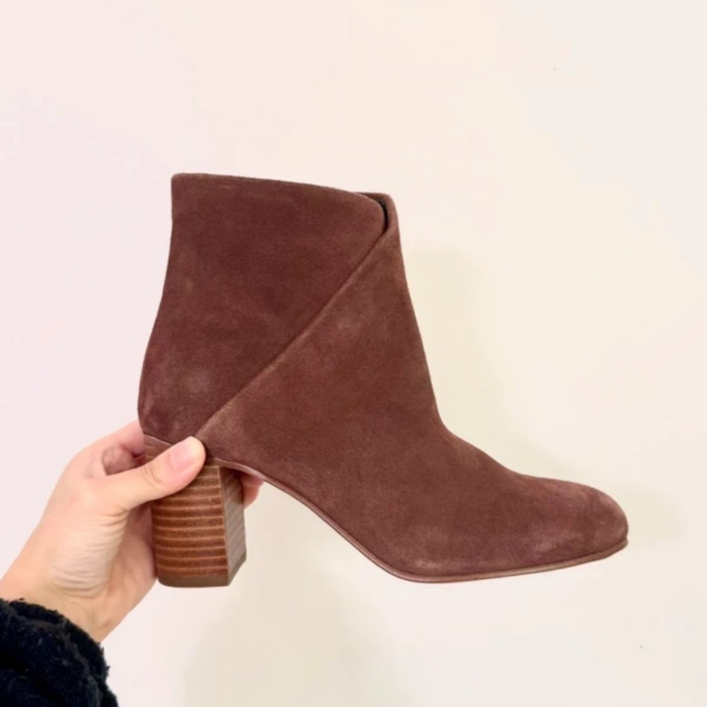 Soludos Brown Suede Ankle Bootie with Stacked Heel